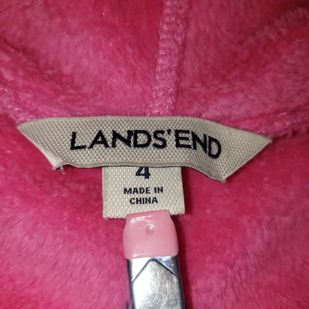 Lands End Pink Hooded Bathrobe Robe with Heart Pockets Girls Size 4